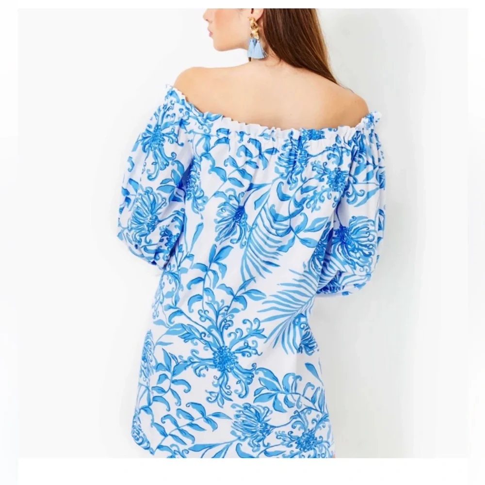 NWT Lilly Pulitzer Jamielynn Off the Shoulder Blue and White Floral Dress - Picture 2 of 6